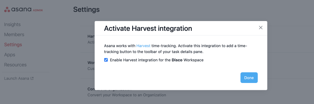 Activating Harvest for Asana Workspace